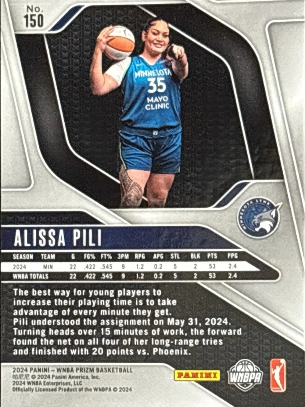 Panini Prizm Minnesota Lynx Alissa Pili Rookie Card